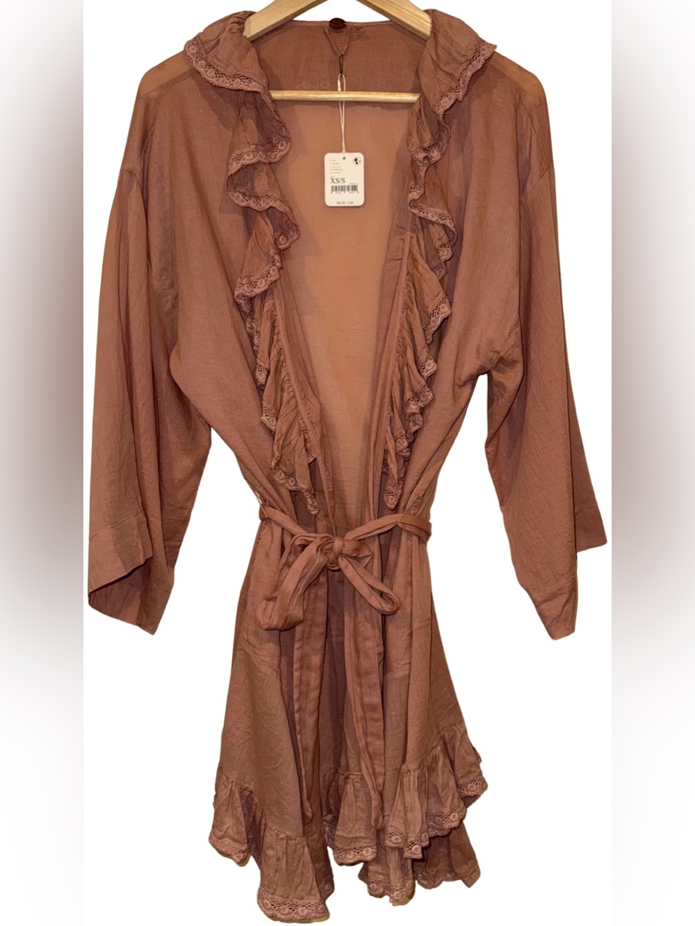 Free People FP One 100% Cotton Rose Ruffle Tie Waist Robe Mini Dress XS S Boho